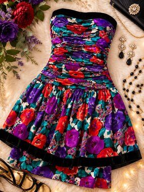 Maggy London Strapless Floral Party Dress in Purple, Red, Teal, Black